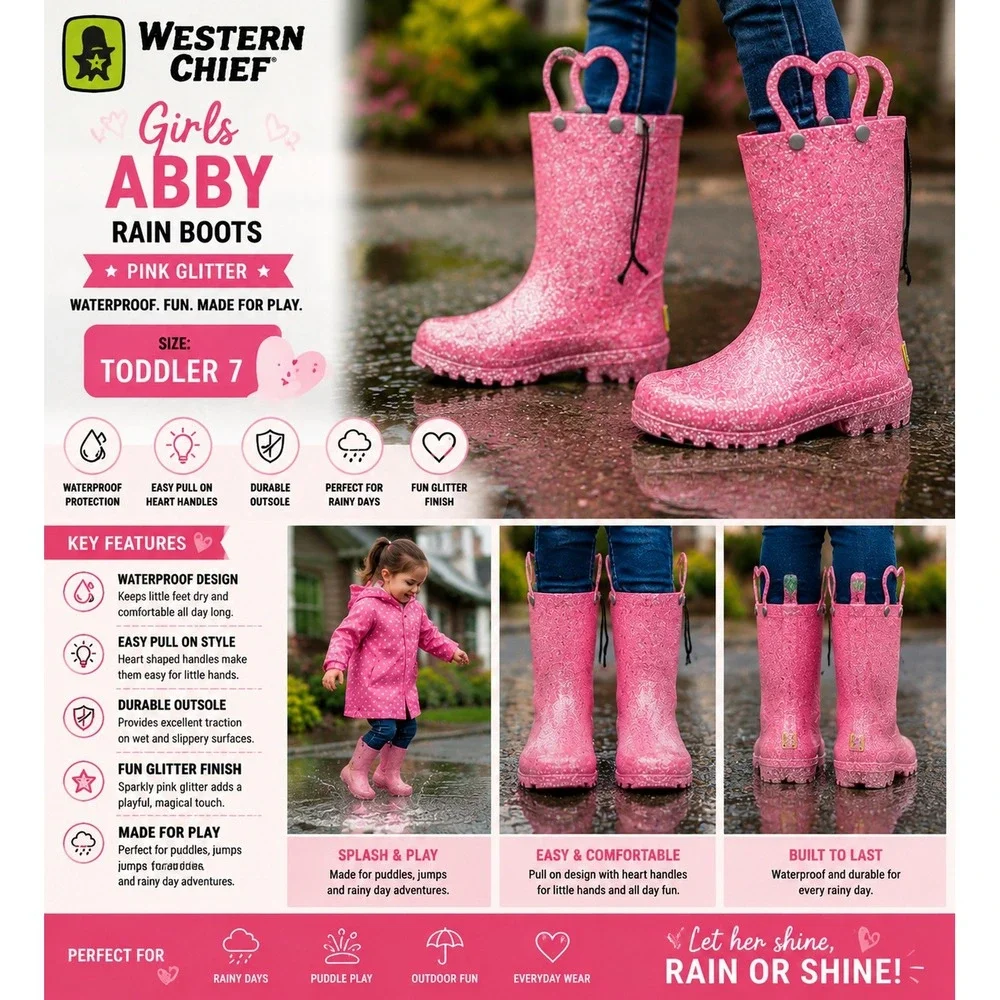 Western Chief Girls Abby Toddler 7 Pink Glitter Light Up Waterproof Rain Boots